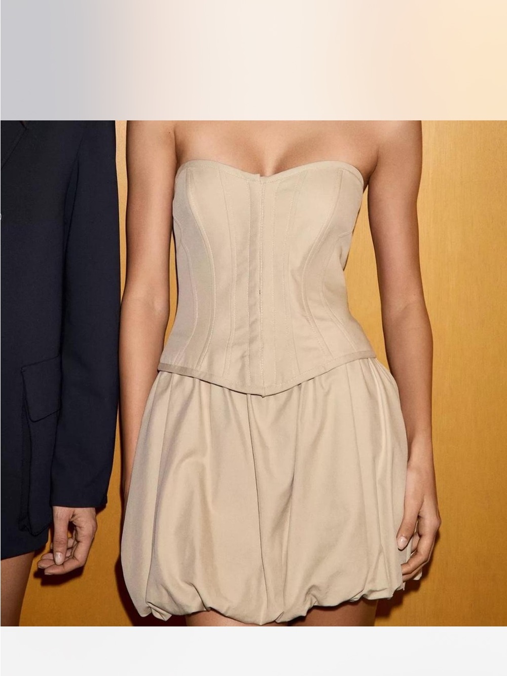 Zara Beige Strapless Corset Bubble-Hem Mini Dress